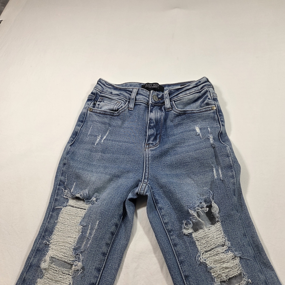 Judy Blue Flare Distressed Jeans High Rise Boho Medium Wash Festival Fringe Hem - Picture 4 of 13